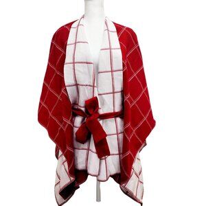 Tahari Poncho Red & White Plaid Belted Wrap   Shawl One Size
